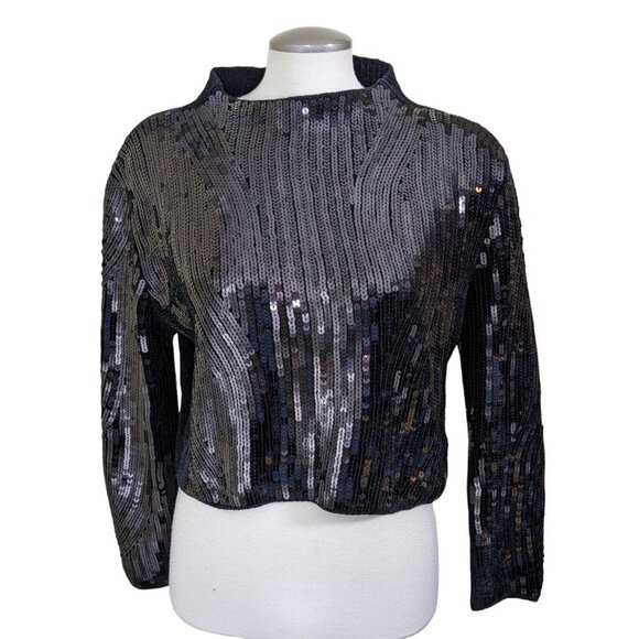 Zara Sequin Embellished Chenille Sweater Womens Medium Black Cropped Long Sleeve - Picture 2 of 6